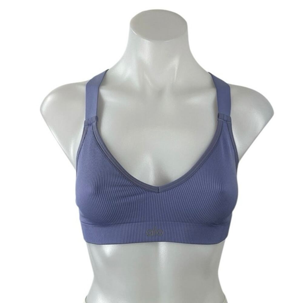 Alo Yoga Blue Ribbed Knit Cross Back Workout Athletic Sports Bra Crop Top Size S